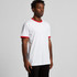 A white t-shirt with red trim and short sleeves. It features a logo on the front.