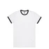 A white t-shirt with black contrasting sleeves and neckline, featuring a logo on the tag.