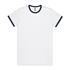 A white T-shirt with a navy blue ribbed collar and sleeve cuffs. It features a logo at the neck.