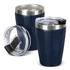 A drink bottle in navy blue with a stainless steel rim and a transparent lid, featuring a logo.