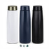 A drink bottle trio featuring a white bottle with a metallic lid, a navy bottle, and a matte black bottle. Each has a sleek design and branding.