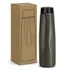A drink bottle in an olive green finish, accompanied by a plain cardboard box and a black lid.