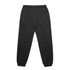 Faded black track pants with an elastic waistband and cuffs, featuring side pockets and a logo.