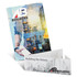 A medium notebook with a vibrant design featuring industrial imagery and a logo. The notebook is opened to display its inside pages.
