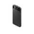 A black power bank with multiple ports and a digital charge indicator, featuring a logo.