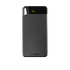 A black power bank with a sleek design, featuring a digital charge indicator and a logo.