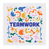 A square ceramic coaster featuring a colourful abstract design and the word "TEAMWORK" in bold, navy blue.