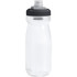 A drink bottle in clear plastic with a black cap and spout, featuring a branding logo.