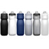 A drink bottle collection featuring six styles in black, white, navy, silver, and grey, each with a logo.
