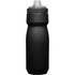 A drink bottle in plain black, featuring a streamlined design and a non-slip grip. It has a logo on the side.