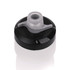 A drink bottle in plain white and black colours with a screw-on lid and a spout. It features a logo.