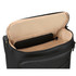 A black wheeled duffle bag with a beige interior, featuring a small compartment for a device or tablet.