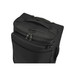 A black wheeled duffle bag with multiple zippered compartments and a top handle for carrying.