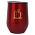 A drink bottle in a shiny red finish with a silver lid and a logo design.