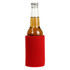 A drink bottle nestled in a bright red stubby holder, featuring a logo on the front.