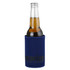 A navy blue stubby holder with a bottle inside, featuring a logo on the front.