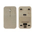 A wireless mouse with a light brown, textured surface featuring a USB receiver compartment and simple design elements.