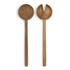 A set of wooden salad servers featuring a round spoon and a forked serving piece, both with long handles.