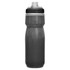 A drink bottle in dark grey with a black cap and a logo, featuring a squeezable design for easy hydration.
