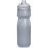 A drink bottle in a translucent grey design with a grey lid and a built-in spout. It features a logo.