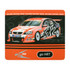A mouse mat featuring an orange design with a racing car graphic and a branding logo.