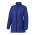 A blue lightweight packable insulated puffer jacket with a high collar and zippered pockets. Features a logo.