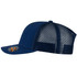 A navy blue trucker cap featuring a mesh back and a logo on the front panel.