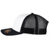 A black and white trucker cap featuring a mesh back and a circular logo on the front.