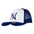 A white and navy blue trucker cap with a mesh back and a logo.
