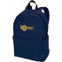 A navy blue laptop backpack with a logo, featuring a front zip pocket and adjustable straps.