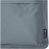 A grey fabric section of a laptop backpack featuring a logo and a textured surface.