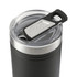 A drink bottle in black with a clear lid and a silver metal accent, featuring a logo on the lid.