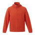 An orange men's packable rain jacket with a hood and front zipper, featuring a logo on the chest.
