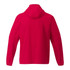 A packable rain jacket in vibrant red, featuring a hood and long sleeves, with a logo on the back.