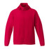 A red men's packable rain jacket with a zip front and a high collar, featuring a logo.