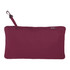 A maroon packable jacket with a zipper and a hanging loop, featuring a logo. Ideal for rain protection.