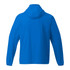 A blue men's packable rain jacket with a hood and long sleeves, featuring a logo on the back.