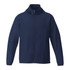 A navy packable jacket with a hood and full zip, featuring a logo on one side.