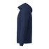 A navy men's packable rain jacket featuring a hood and zippered front, with a logo on the upper left.