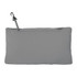 A grey men's packable jacket, folded and stored with a zip closure and a clip for attachment.
