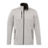 A light grey waterproof softshell jacket with a high collar and zippered pockets, featuring a black trim.