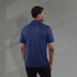 A navy blue men's polo shirt with a collar, featuring a logo on the back.