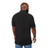 A man wearing a black polo shirt viewed from the back, featuring short sleeves and a collar.