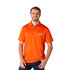A bright orange men's polo shirt with short sleeves, featuring a logo on the chest.