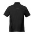 A black short sleeve performance polo shirt featuring a collar and a logo on the back.