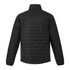 A lightweight black insulated puffer jacket with a quilted design and a high collar, featuring a branding logo.