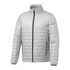 A lightweight, packable insulated puffer jacket in grey with a zipped front and side pockets, featuring a logo.