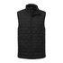 A black lightweight packable insulated puffer vest with a zip front and textured design, featuring pockets and a collar.