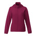 A women's packable jacket in a rich burgundy colour, featuring a zip front and hood, with elasticised cuffs.