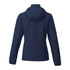 A navy women's packable jacket featuring a hood and long sleeves, with a logo on the back.
